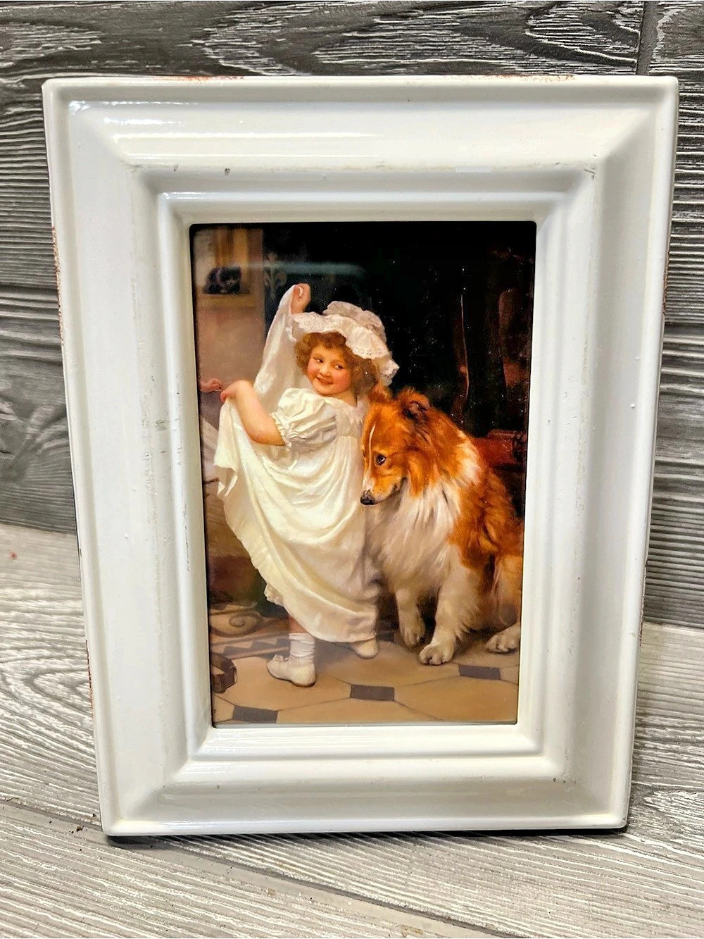 Rustic Framed Picture Old Fashioned Girl & Collie Dog